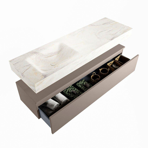 Mondiaz ALAN-DLUX Ensemble de meuble - 150cm - meuble Smoke mat - 1 tiroir - Lavabo Cloud Ostra suspendu - vasque Gauche - 1 trou de robinet SW807562