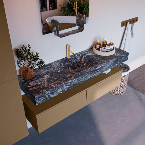 Mondiaz ALAN-DLUX Ensemble de meuble - 150cm - meuble Oro mat - 2 tiroirs - Lavabo Cloud Lava suspendu - vasque Centre - 1 trou de robinet SW808455