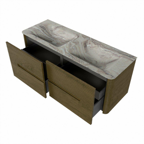 Mondiaz CIRO-DLUX Badkamermeubelset - 130x45x50cm - Solid surface wastafel Glace - 2 wasbak Dubbel - 2 kraangaten - 4 lades - Dusk SW1532990