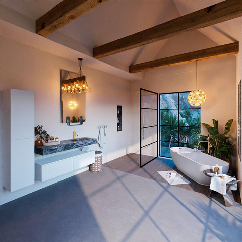 Mondiaz ALAN-DLUX Ensemble de meuble - 130cm - meuble Talc mat - 2 tiroirs - Lavabo Cloud Lava suspendu - vasque Droite - 1 trou de robinet SW807817