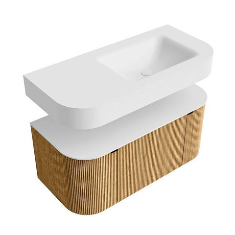 MONDIAZ THOR 100cm meuble de salle de bains arrondi gauche + droite couleur Oak avec 1 tiroir et 2 portes. Vasque suspendue CLOUD Droite 1 trou de robinet couleur Talc. SW1467299