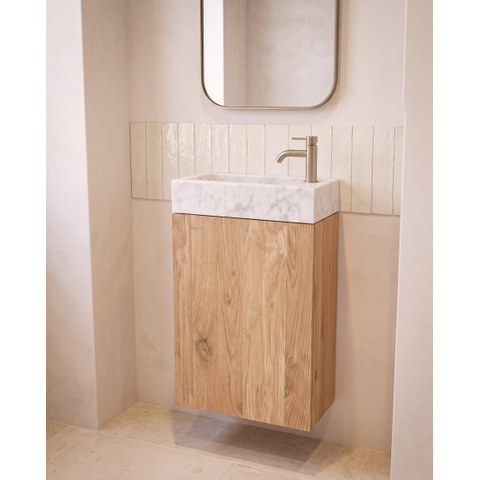 Saniclass Holz Pure Ensemble de meuble WC - 40x60.5cm - 1 porte - lave-mains pierre naturelle marbre - trou de robinet à droite - chêne naturel SW1577772