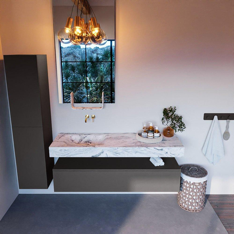 Mondiaz ALAN-DLUX Ensemble de meuble - 150cm - meuble Dark grey mat - 1 tiroir - Lavabo Cloud Glace suspendu - vasque Gauche - 0 trous de robinet SW805513