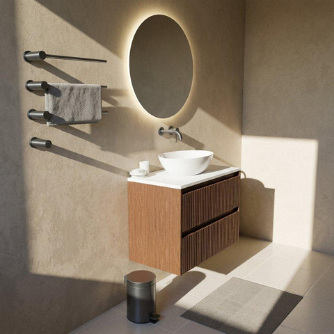 Saniclass Holz Atelier Badkamermeubelset - 80x45x62.5cm - Torino solid surface topblad wit - zonder kraangat - 2 lades - mat walnut pure (hout) SW1478695