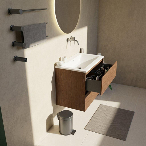 Saniclass Holz Pure Badkamermeubelset - 80x45x77.5cm - Torino solid surface wastafel wit - zonder kraangat - 2 lades - mat walnut pure (hout) SW1478656