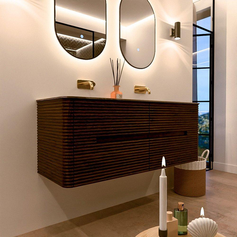 Mondiaz CIRO-DLUX Badkamermeubelset - 130x45x50cm - Solid surface wastafel Sombra - 2 wasbak Dubbel - zonder kraangaten - 4 lades - Walnut SW1530751
