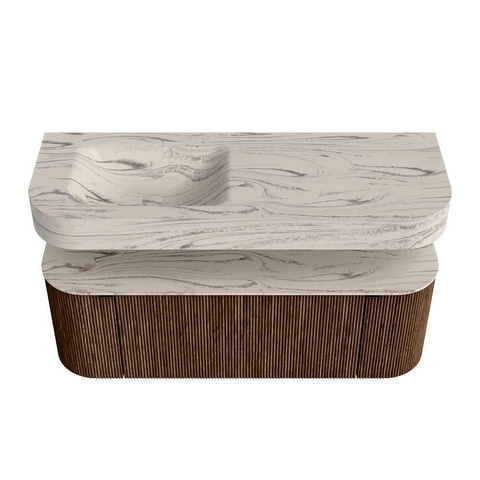 MONDIAZ THOR-DLUX 130cm meuble de salle de bains arrondi gauche + droite couleur Walnut avec 1 tiroir et 2 portes. Vasque suspendue CLOUD Gauche 1 trou de robinet couleur Nata. SW1463848