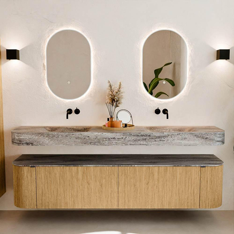 MONDIAZ THOR-DLUX 200cm meuble de salle de bains arrondi gauche + droite couleur Oak avec 2 tiroirs et 2 portes. Vasque suspendue CLOUD Double sans trou de robinet couleur Oza. SW1467189