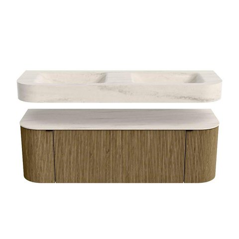 MONDIAZ THOR-DLUX 140cm meuble de salle de bains arrondi gauche + droite couleur Dusk avec 1 tiroir et 2 portes. Vasque suspendue CLOUD Double sans trou de robinet couleur Meli. SW1464422