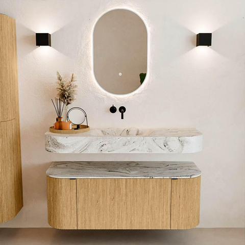 MONDIAZ THOR-DLUX 120cm meuble de salle de bains arrondi gauche + droite couleur Oak avec 1 tiroir et 2 portes. Vasque suspendue CLOUD Centre sans trou de robinet couleur Glace. SW1463044