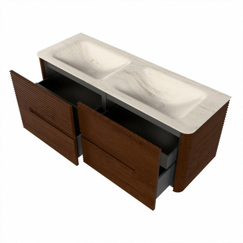 Mondiaz CIRO-DLUX Badkamermeubelset - 130x45x50cm - Solid surface wastafel Meli - 2 wasbak Dubbel - zonder kraangaten - 4 lades - Ruby SW1531806