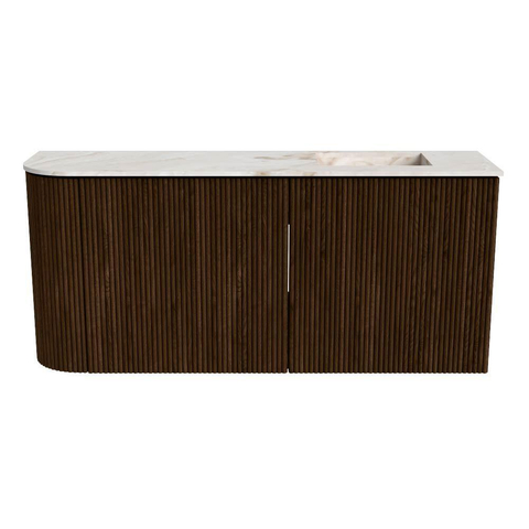 Mondiaz JOYA-DLUX 91.6cm toiletmeubel - ronding links kleur Walnut - Wastafel FAYE positie Rechts Zonder kraangat kleur Frappe. SW1422329