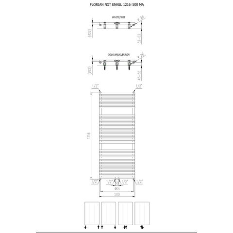 Plieger Florian Nxt M radiateur design simple horizontal avec raccordement central 1216x500mm 646W blanc 7255395