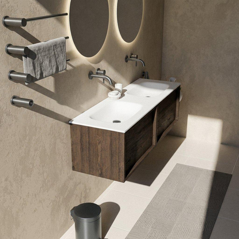 Saniclass Holz Frame Badkamermeubelset - 140x45x41.5cm - Flow solid surface wastafel wit - 2 wasbakken - zonder kraangaten - 2 lades - mat eiken charcoal (hout) SW1478429