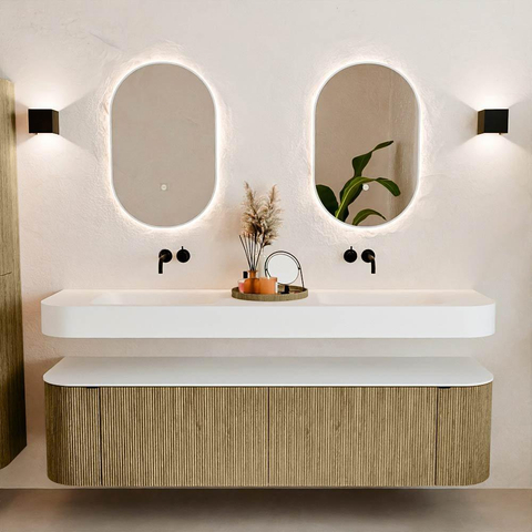 MONDIAZ THOR 180cm meuble de salle de bains arrondi gauche + droite couleur Dusk avec 2 tiroirs et 2 portes. Vasque suspendue CLOUD Double sans trou de robinet couleur Talc. SW1465990