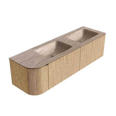 MONDIAZ KURVE-DLUX meuble de salle de bains 155cm arrondi à gauche couleur chêne avec 2 tiroirs et 1 porte. Lavabo LEAF double / à droite sans trou de robinet Saba. SW1433111