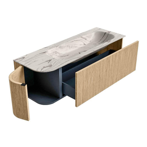 MONDIAZ KURVE-DLUX Meuble de salle de bains 135cm courbe à gauche couleur Oak avec 1 tiroir et 1 porte. Lavabo BIG MEDIUM à droite sans trou de robinet Nata. SW1432116