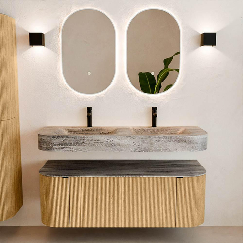 MONDIAZ THOR-DLUX 130cm meuble de salle de bains arrondi gauche + droite couleur Oak avec 1 tiroir et 2 portes. Vasque suspendue CLOUD Double 2 trous de robinet couleur Oza. SW1463989