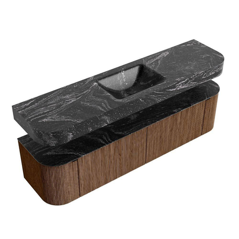 MONDIAZ THOR-DLUX 180cm meuble de salle de bains arrondi gauche + droite couleur Walnut avec 2 tiroirs et 2 portes. Vasque suspendue CLOUD Milieu 1 trou de robinet couleur Lava. SW1465960