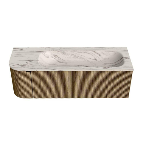 MONDIAZ KURVE-DLUX 135cm badmeubel ronding Links kleur Dusk met 1 lade en 1 deur. Wastafel BIG MEDIUM Rechts zonder kraangat Nata. SW1432392