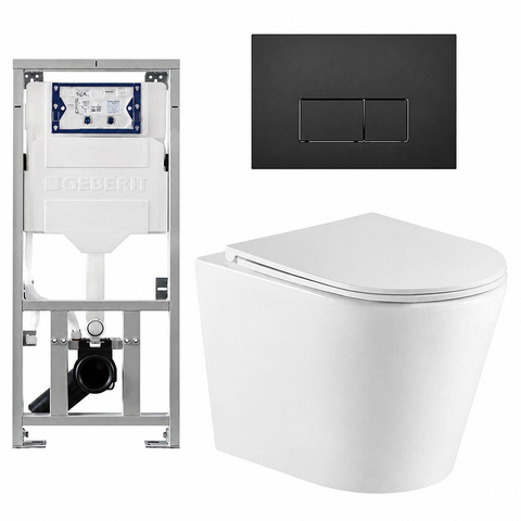 QeramiQ Dely Toiletset - 36.3x51.7cm - diepspoel - rimless - Geberit UP320 inbouwreservoir - met Burda frame - softclose toiletzitting - mat zwarte bedieningsplaat - rechtehoekige knoppen - mat wit SW804606