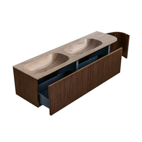 MONDIAZ KURVE-DLUX Meuble de salle de bains 165cm arrondi à droite couleur Walnut avec 2 tiroirs et 1 porte. Lavabo STOR SMALL Double / Gauche sans trou de robinet Saba. SW1433219