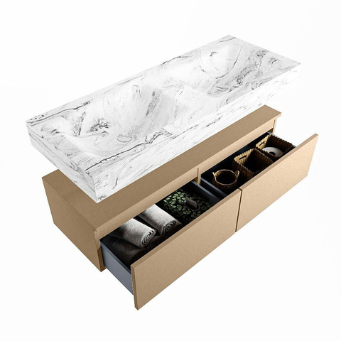 Mondiaz ALAN-DLUX Ensemble de meuble - 120cm - meuble Oro mat - 2 tiroirs - Lavabo Cloud Glace suspendu - vasque Gauche et droite - 0 trous de robinet SW805920