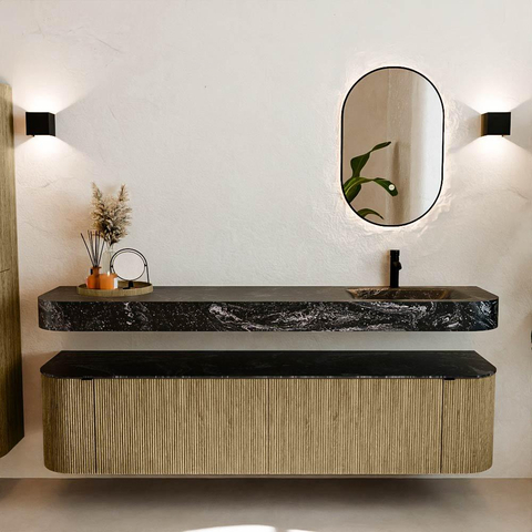 MONDIAZ THOR-DLUX Meuble de salle de bains 190cm arrondi gauche + droite couleur Dusk avec 2 tiroirs et 2 portes. Vasque suspendue CLOUD Droite 1 trou de robinet couleur Lava. SW1466470