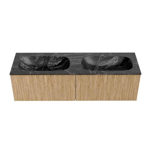 MONDIAZ KURVE-DLUX Meuble de salle de bains 150cm couleur Oak avec 2 tiroirs. Lavabo STOR SMALL double sans trou de robinet couleur Lava. SW1137200