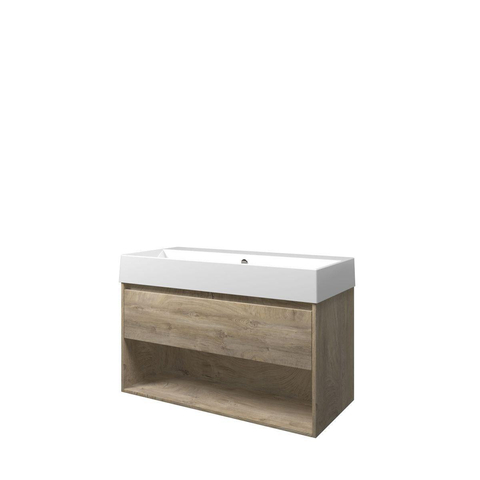 Proline Loft badkamermeubelset - 100x46x62cm - porselein Loft wastafel - 0 kraangaten - met schap - MFC Raw oak/Glans wit met spiegel SHOWROOMMODEL SHOW24610