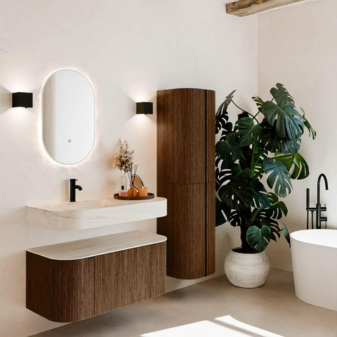 MONDIAZ THOR-DLUX 100cm meuble de salle de bains arrondi gauche + droite couleur Walnut avec 1 tiroir et 2 portes. Vasque suspendue CLOUD gauche 1 trou de robinet couleur Meli. SW1467476