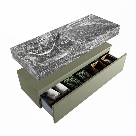 Mondiaz ALAN-DLUX Ensemble de meuble - 120cm - meuble Army mat - 1 tiroir - Lavabo Cloud Lava suspendu - vasque Gauche - 0 trous de robinet SW808355