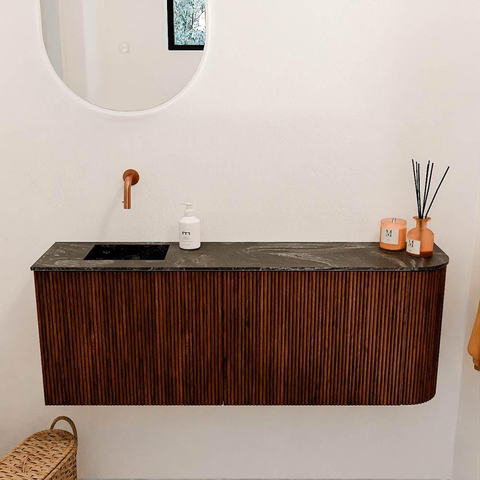 Mondiaz JOYA-DLUX 111.6cm toiletmeubel - ronding rechts kleur Ruby - Wastafel FAYE positie Links Zonder kraangat kleur Lava. SW1423684