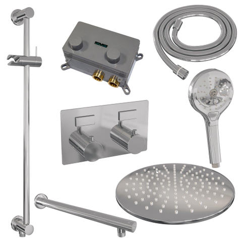 BRAUER Chrome Edition Thermostatische Regendouche inbouw - drukknoppen - SET 68 - 30cm hoofddouche - rechte muurarm - 3 standen handdouche - doucheslang - geïntegreerde glijstang - chroom SW925552