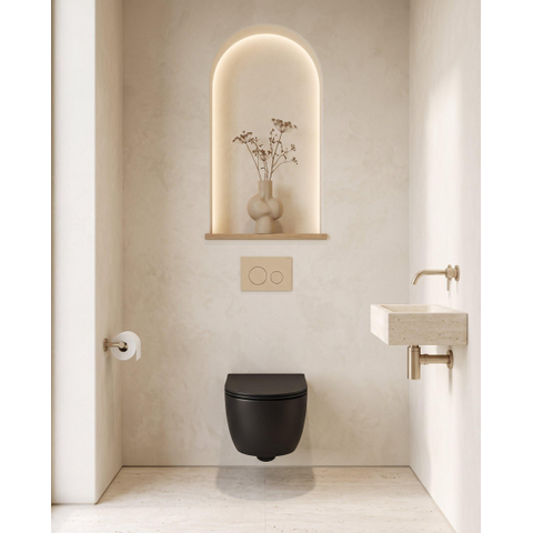 QeramiQ Dely Swirl Ensemble WC - 36.3x51.7cm - réservoir encastré Geberit UP320 - avec bâti-support Burda - abattant 35mm - plaque de commande beige - boutons ronds - noir mat SW1164826