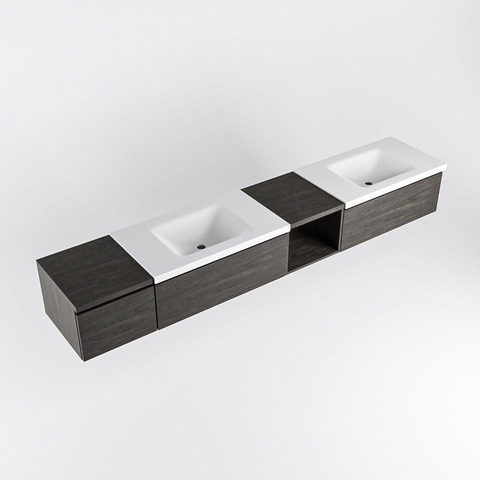 MONDIAZ BUKLA 240cm ensemble de meuble avec module ouvert 40 à droite couleur Marron Foncé avec 3 tiroirs. Lavabo CLOUD double 0 trou de robinet couleur Talc. SW1382240