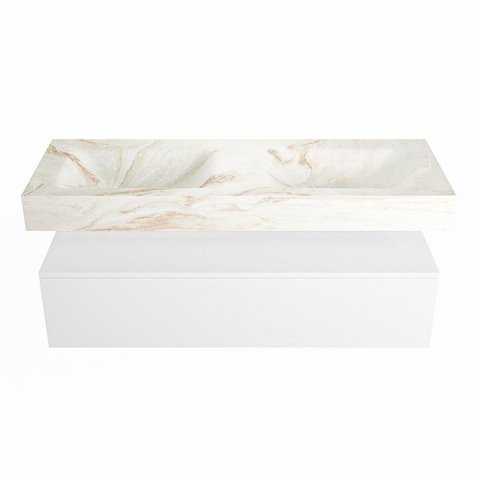 Mondiaz ALAN-DLUX Ensemble de meuble - 130cm - meuble Talc mat - 1 tiroir - Lavabo Cloud Frappe suspendu - vasque Gauche et droite - 0 trous de robinet SW805201