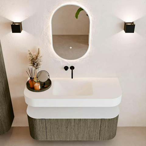 MONDIAZ THOR 120cm meuble de salle de bains arrondi gauche + droite couleur Shadow avec 1 tiroir et 2 portes. Vasque suspendue CLOUD Milieu sans trou de robinet couleur Talc. SW1463163