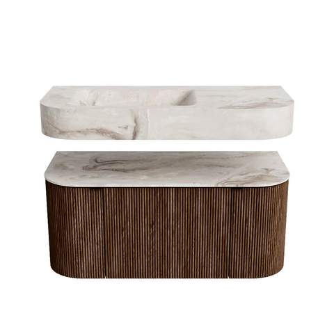 MONDIAZ THOR-DLUX 100cm meuble de salle de bains arrondi gauche + droite couleur Walnut avec 1 tiroir et 2 portes. Vasque suspendue CLOUD gauche sans trou de robinet couleur Frappe. SW1467336