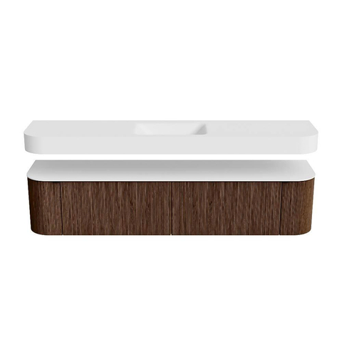 MONDIAZ THOR 200cm badmeubel ronding links + rechts kleur Walnut met 2 lades en 2 deuren. Vrijhangende wastafel CLOUD Midden 1 kraangat kleur Talc. SW1466966