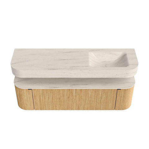 MONDIAZ THOR-DLUX 160cm meuble de salle de bains arrondi gauche + droite couleur Oak avec 1 tiroir et 2 portes. Vasque suspendue CLOUD Droite sans trou de robinet couleur Meli. SW1465152