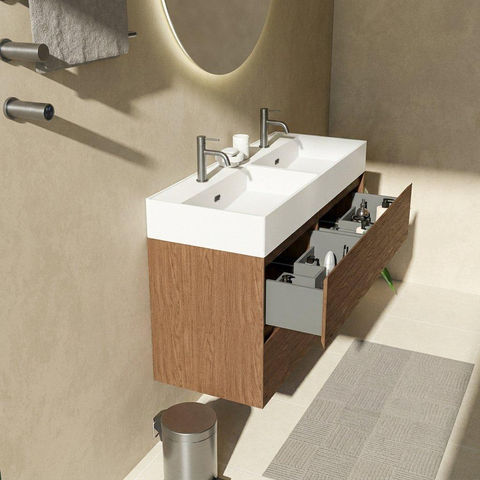 Saniclass Holz Pure Badkamermeubelset - 120x45x72cm - Legend keramische wastafel mat wit - 2 wasbakken - 2 kraangaten - 4 lades - mat walnut pure (hout) SW1580166