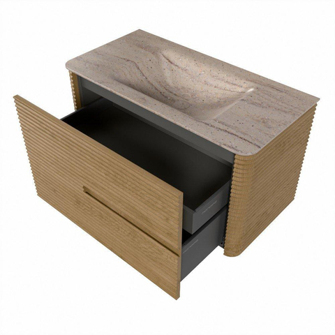 Mondiaz CIRO-DLUX Badkamermeubelset - 90x45x50cm - Solid surface wastafel Saba - 1 wasbak Midden - 1 kraangat - 2 lades - Oak SW1531189