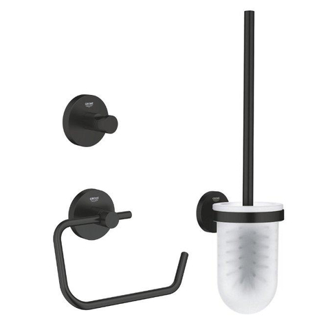 Grohe Start Cube Accessoireset 3-in-1 - closetrolhouder zonder klep - handdoekhaak - closetborstelgarnituur met glazen inzet - matte black (mat zwart) SW968349