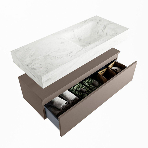 Mondiaz ALAN-DLUX Ensemble de meuble - 110cm - meuble Smoke mat - 1 tiroir - Lavabo Cloud Opalo suspendu - vasque Droite - 0 trous de robinet SW806471
