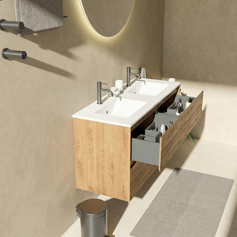 Saniclass Holz Pure Badkamermeubelset - 120x45x62cm - Vygo keramische wastafel wit - 2 wasbakken - 2 kraangaten - 4 lades - mat eiken natural (hout) SW1441853
