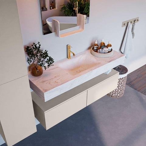 Mondiaz ALAN-DLUX Ensemble de meuble - 130cm - meuble Linen mat - 2 tiroirs - Lavabo Cloud Ostra suspendu - vasque Centre - 1 trou de robinet SW807196