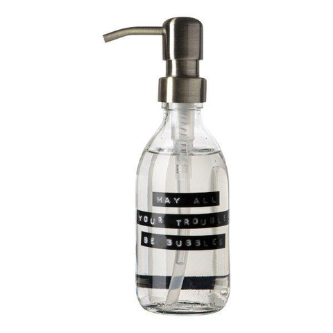 Wellmark Handzeep helder glas messing pomp 250ml tekst MAY ALL YOUR TROUBLES BE BUBBLES Zwart label SHOWROOMMODEL SHOW22634