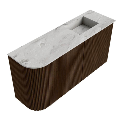 Mondiaz JOYA-DLUX Meuble de toilette 81,6 cm - arrondi gauche couleur Noyer - Vasque FAYE position Droite 1 trou de robinet couleur Glace SW1422383