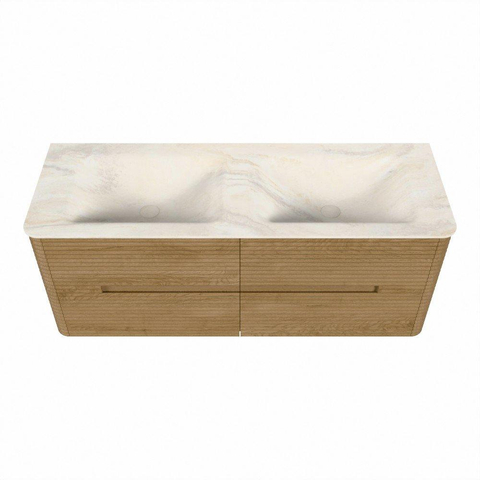 Mondiaz CIRO-DLUX Meuble de salle de bains - 130x45x50cm - lavabo solid surface Ostra - 2 vasques double - sans trous de robinet - 4 tiroirs - Chêne SW1530958